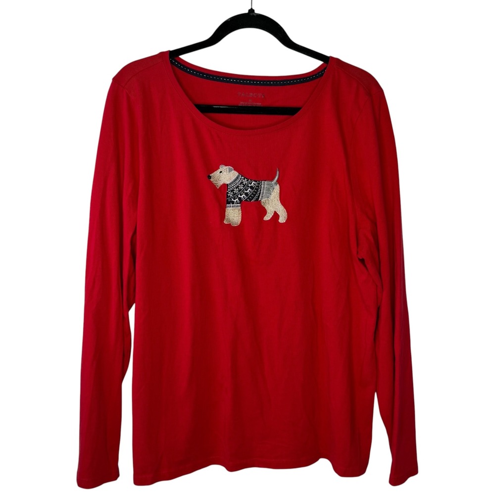 Talbots Womens XL Red Cotton Long Sleeve Tee Embroidered Terrier‎ Dog Graphic - Picture 2 of 9